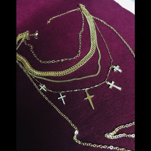 Express gold-tone necklace multi layered with bling crosses - Picture 3 of 9